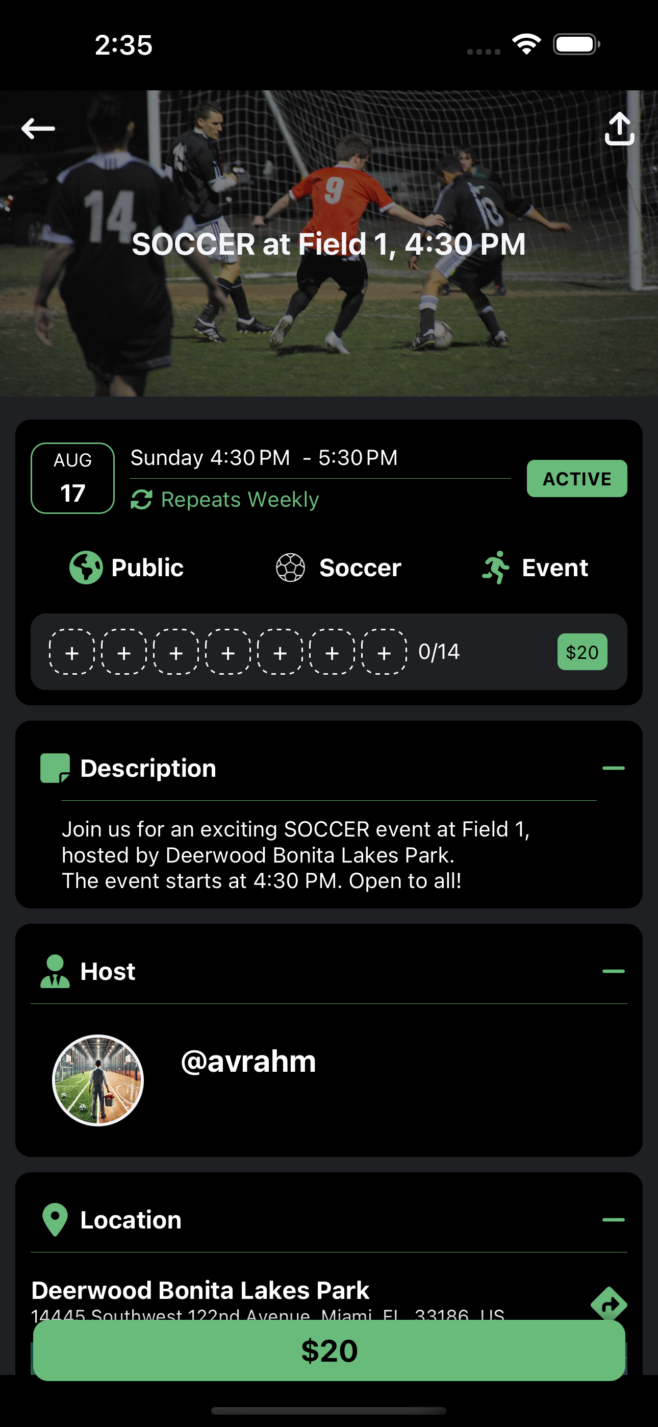 Event management - Create and organize sports events (Dark mode)