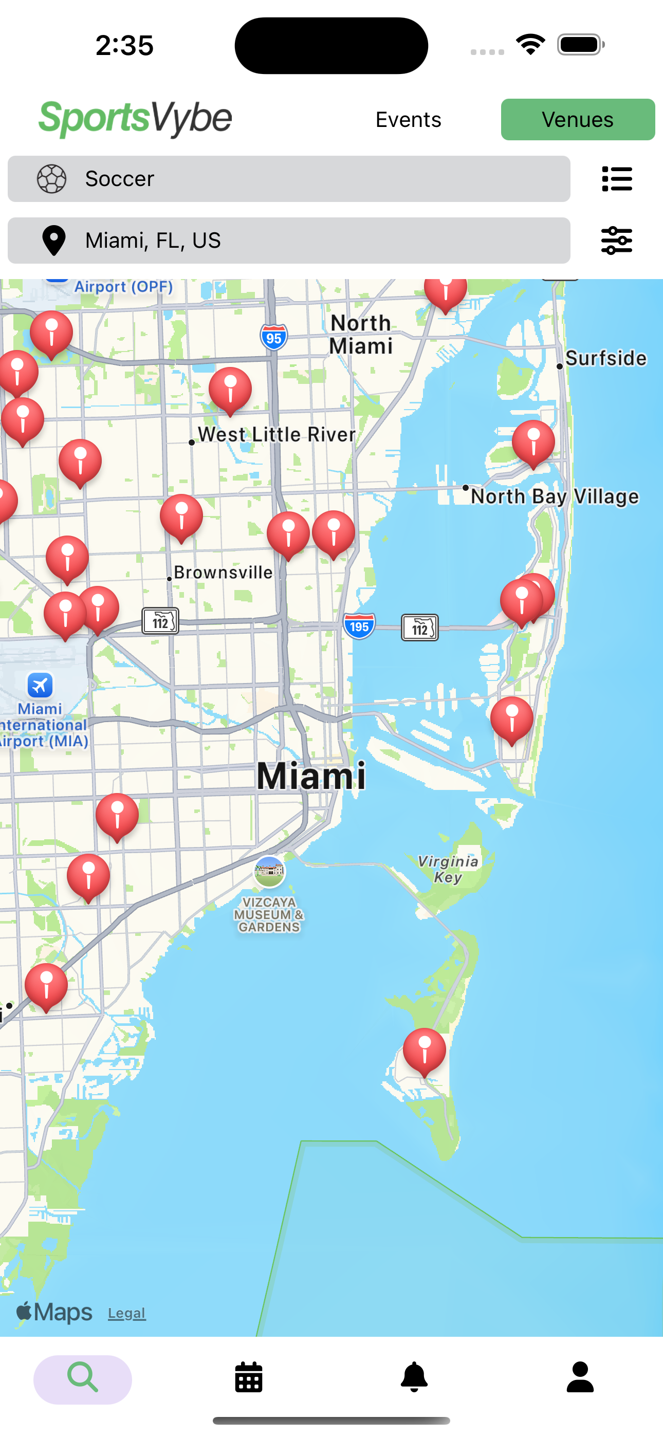 Map view - See nearby sports activities and venues (Light mode)